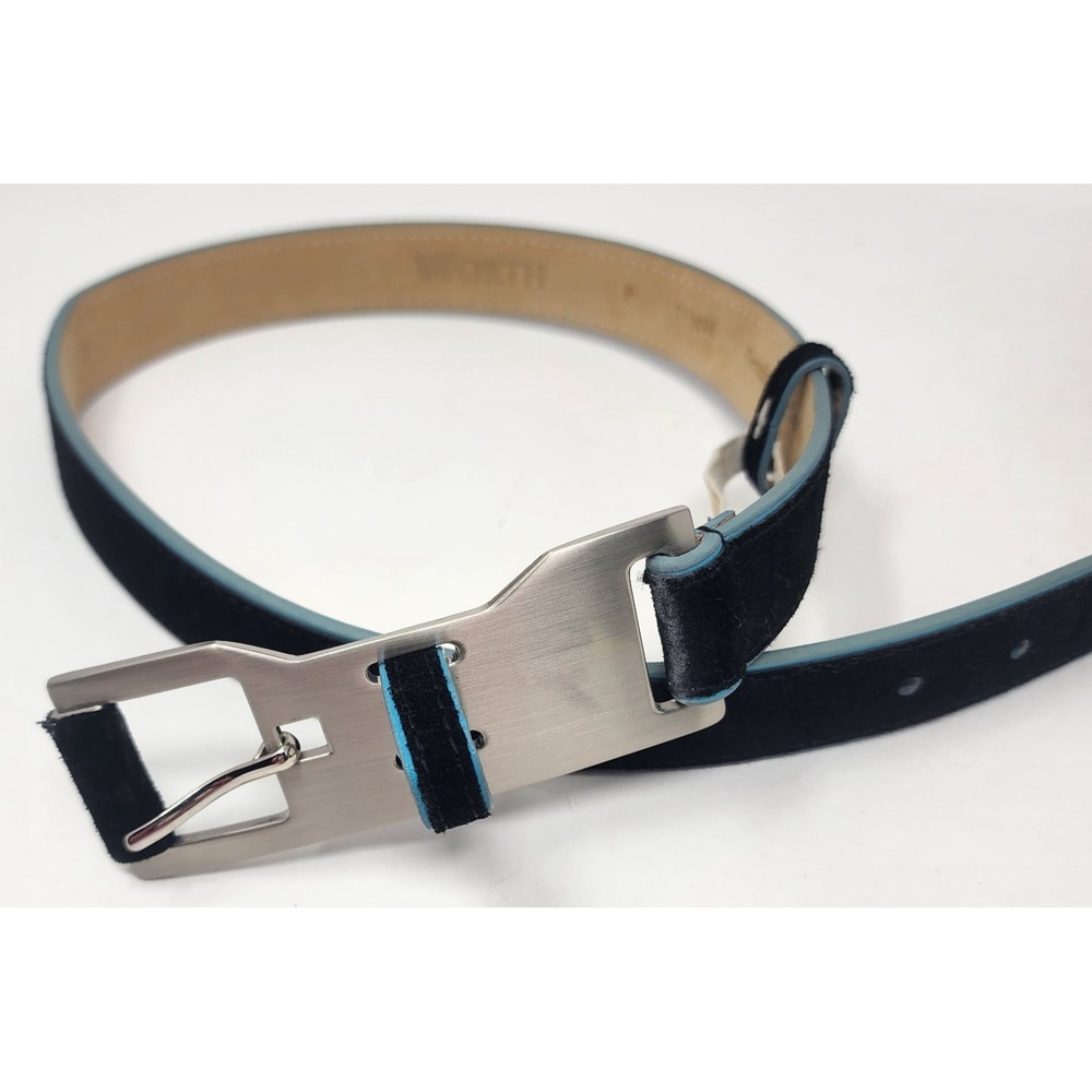 Worth New York Leather Velvet Belt Womens P (Small) Black Silver Buckle 1" Width